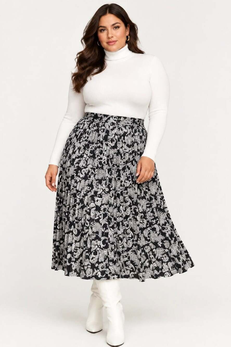 Carole Little for Saint-Tropez West Vintage Pleated Midi Skirt Blk White Scroll